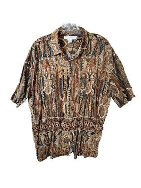 Expressions Worldwide Men's Large Button-Up Paisley Stripe Shirt Rayon Brown